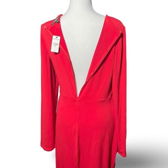 EXPRESS Vibrant Red Dress, Asymmetrical Hem, Long Sleeves  Front Cut out, Size L - Picture 9 of 9